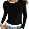 Womens Long Sleeve Tops Patchwork Crewneck Slim Fit Shirts Going Out Casual Fall Basic Tees
