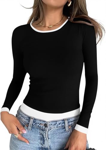 Womens Long Sleeve Tops Patchwork Crewneck Slim Fit Shirts Going Out Casual Fall Basic Tees