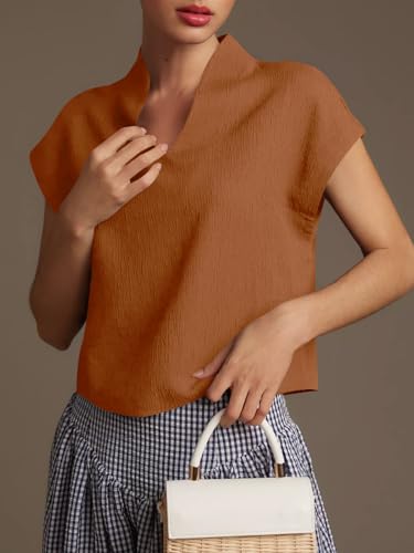 Womens Summer Cap Sleeve Blouse V Neck Casual Dressy Work Tops Loose Fit Elegant Textured Shirts