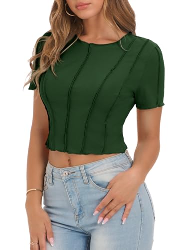 Womens Short Sleeve Crop Tops Summer Fitted Ribbed Knit Tee Shirts Trendy Casual Y2k Going Out Shirts