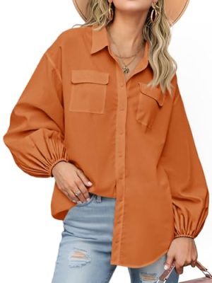 Womens Oversized Button Down Shirts Puff Long Sleeve Collared V Neck Cotton Blouses Linen Loose Fit Tops