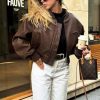Womens Faux Leather Bomber Jackets Baseball Collar Zip Up Cropped Biker Coat with Pockets
