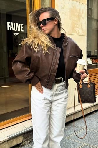 Womens Faux Leather Bomber Jackets Baseball Collar Zip Up Cropped Biker Coat with Pockets