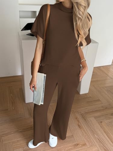 Womens 2 Piece Lounge Sets Casual Batwing Short Sleeve Knit Sweater Loose Wide Leg Pants Travel Outfits