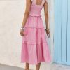 Womens Summer Floral Maxi Dress Smocked Tie Shoulder Boho Sleeveless Ruffle Tiered Casual Beach Dresses