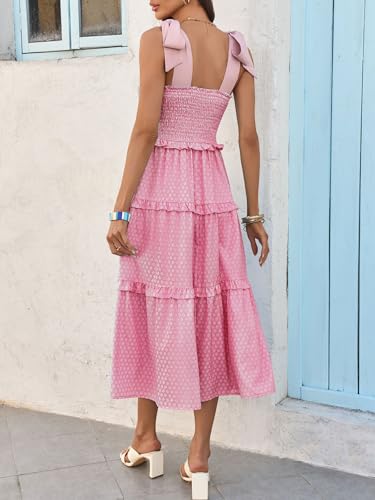 Womens Summer Floral Maxi Dress Smocked Tie Shoulder Boho Sleeveless Ruffle Tiered Casual Beach Dresses