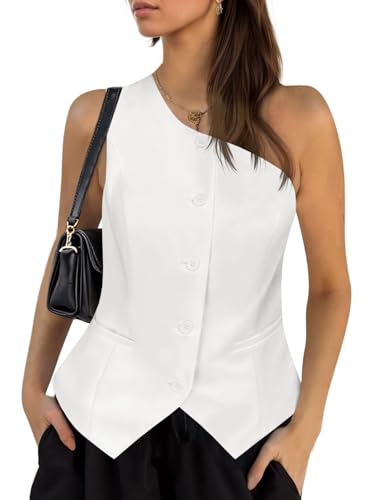 Womens One Shoulder Blazer Vest Summer Fitted Button Down Waistcoat Trendy Work Sleeveless Suit Tops