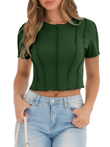 Womens Short Sleeve Crop Tops Summer Fitted Ribbed Knit Tee Shirts Trendy Casual Y2k Going Out Shirts