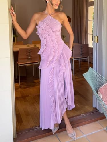 Women Chic Pleated Halter Neck Long Strapless Lotus Edge Vacation Maxi Dress