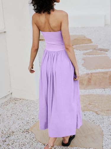 Women's Summer Strapless Dress Solid Hot Shot Off Shoulder Sundresses Flowy Long Casual Dress for Beach Purple