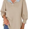 Womens 3/4 Length Puff Sleeve Tops Dressy Casual Ruffle V Neck Blouses Color Block Loose Fit Shirts