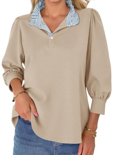 Womens 3/4 Length Puff Sleeve Tops Dressy Casual Ruffle V Neck Blouses Color Block Loose Fit Shirts