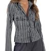 Womens Striped Button Down Shirts Flare Long Sleeve Collared V Neck Business Work Office Blouse Tops
