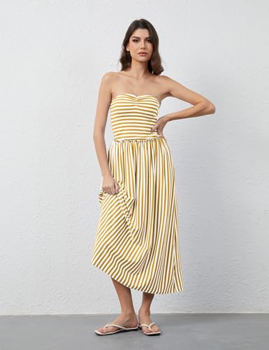 Women Striped Strapless Flowy Maxi Dress Backless Patchwork Tube Top Dress Summer Party Formal Long Dresses