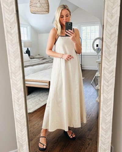 Women's 2025 Summer Linen Maxi Dress Contrast Spaghetti Strap Dress Backless Sleeveless Casual Party Beach Dresses