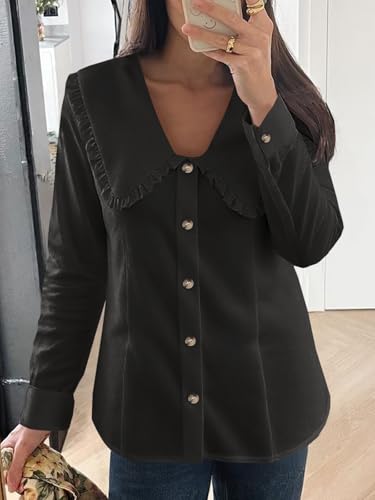 Womens Peter Pan Collar Shirts Summer Button Down Long Sleeve Tops Dressy Casual Cute Blouses Black