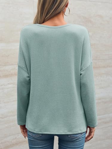 Womens Notch V Neck Tunic Tops Textured Ribbed Knit Long Sleeve T Shirts Loose Fit Fall Casual Tees with Pocket