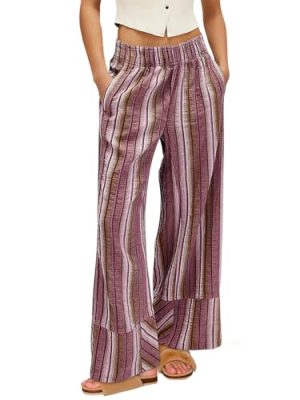 Womens Wide Leg Lounge Pants Elastic High Waisted Striped Palazzo Pants Flowy Casual Beach Travel Trousers