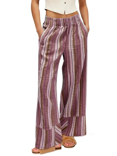 Womens Wide Leg Lounge Pants Elastic High Waisted Striped Palazzo Pants Flowy Casual Beach Travel Trousers