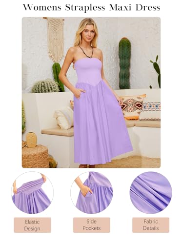 Women's Summer Strapless Dress Solid Hot Shot Off Shoulder Sundresses Flowy Long Casual Dress for Beach Purple