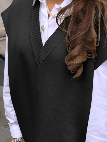 Womens V Neck Sleeveless Sweater Vest Oversized Ribbed Knit Side Slit Pullover Tank Tops