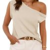 Womens Off One Shoulder Tops Summer Ribbed Knit Tank Tops Trendy Casual Loose Fit Sleeveless Tee Shirts