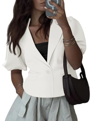 Womens Puff Short Sleeve Blazers Business Casual Button Down Lightweight Suit Jackets