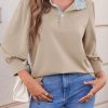Womens 3/4 Length Puff Sleeve Tops Dressy Casual Ruffle V Neck Blouses Color Block Loose Fit Shirts