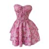 Women's Summer Boho Strapless Tube Floral Dress Tie Knot Shirred Bust Layered Ruffle Hem Smocked Vacation Dresses