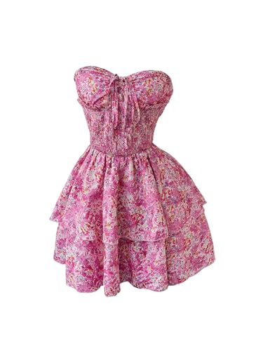 Women's Summer Boho Strapless Tube Floral Dress Tie Knot Shirred Bust Layered Ruffle Hem Smocked Vacation Dresses