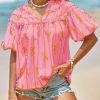 Womens Summer Babydoll Tops Short Lantern Sleeve Bow Print Blouse V Neck Pleated Casual Cute Tee Shirts