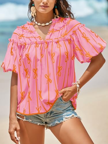 Womens Summer Babydoll Tops Short Lantern Sleeve Bow Print Blouse V Neck Pleated Casual Cute Tee Shirts