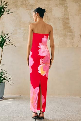 Women Summer Strapless Maxi Dress Bodycon Floral Sexy Long Wedding Guest Dress Formal Tube Mesh Cocktail Dresses