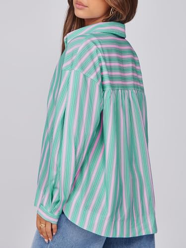 Womens Striped Button Down Shirts 2024 Fall Fashion Puff Long Sleeve Loose Fitting Work Tops