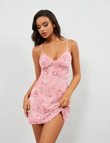 Women Sequin Sparkly Rhinestone Mini Dress Sleeveless Backless Deep V Neck Glitter Short Cami Dress Party Clubwear