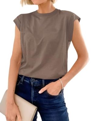 Womens Cap Sleeve Cotton Tank Tops Summer Casual Loose Fit T Shirts Crew Neck Basic Tee