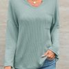 Womens Notch V Neck Tunic Tops Textured Ribbed Knit Long Sleeve T Shirts Loose Fit Fall Casual Tees with Pocket
