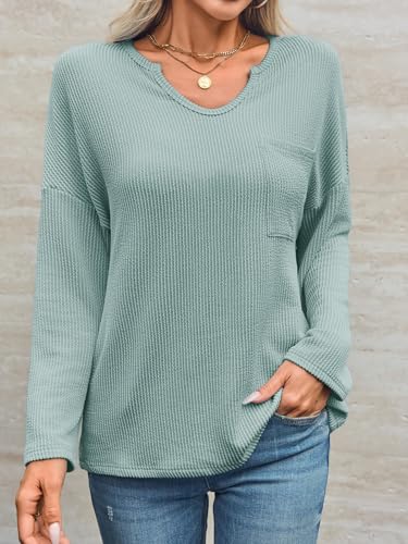 Womens Notch V Neck Tunic Tops Textured Ribbed Knit Long Sleeve T Shirts Loose Fit Fall Casual Tees with Pocket