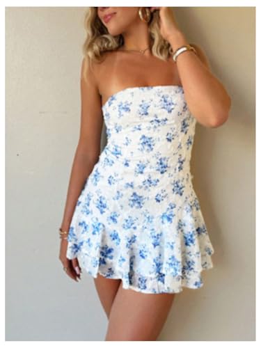 Women's Floral Print Ruffle Tube Mini Dress Strapless Sleeveless Layered Vacation Summer Dresses