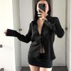 Womens Sexy Tie Front Satin Shirts Deep V Neck Silk Club Tops Long Sleeve Y2k Going Out Blouse