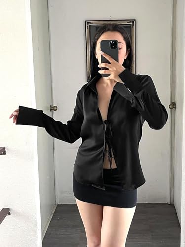 Womens Sexy Tie Front Satin Shirts Deep V Neck Silk Club Tops Long Sleeve Y2k Going Out Blouse