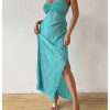 Women's Twist Front Strapless Bodycon Dress Summer Split Thigh Maxi Tube Dresses Vacation Outfits