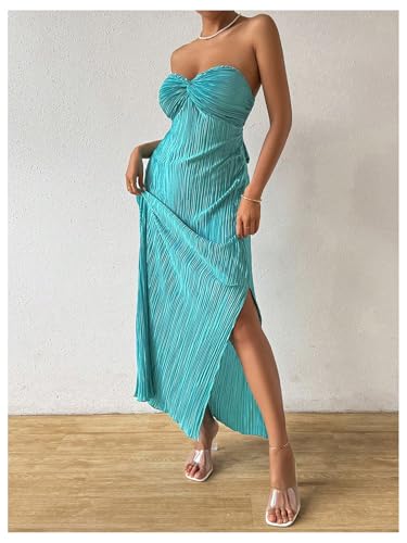 Women's Twist Front Strapless Bodycon Dress Summer Split Thigh Maxi Tube Dresses Vacation Outfits