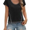 Womens Cropped Scoop Neck Tshirts Summer Cap Short Sleeve Exposed Seam Tops Casual Loose Fit Cotton Tee Shirts