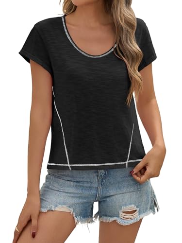 Womens Cropped Scoop Neck Tshirts Summer Cap Short Sleeve Exposed Seam Tops Casual Loose Fit Cotton Tee Shirts