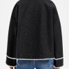 Womens Cropped Wool Jacket Embroidered Contrast Trims Blazer Fall Short Pea Coat with Pockets