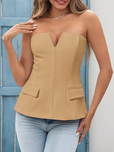 Womens Strapless Tube Tops Summer Fitted Notched Neck Blazer Vest Business Dressy Casual Suit Vest Tops