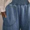 Womens Smocked Barrel Jeans Casual Trendy High Waisted Baggy Pull On Denim Pants
