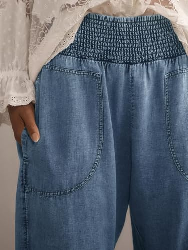 Womens Smocked Barrel Jeans Casual Trendy High Waisted Baggy Pull On Denim Pants