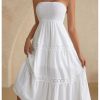 Women's Floral Lace Midi Tube Dress Strapless Shirred A Line Flowy Beach Vacation Dresses